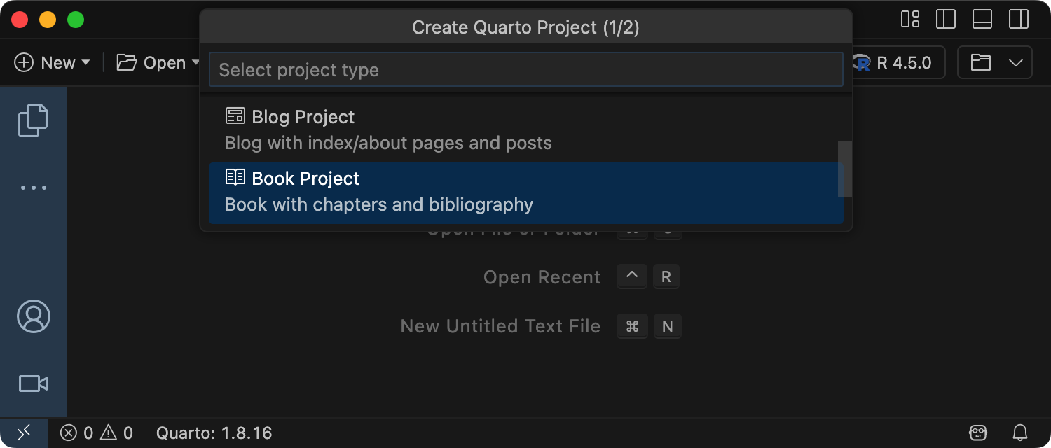Create Quarto Project prompt in Positron, with Book Project selected in the project type list.