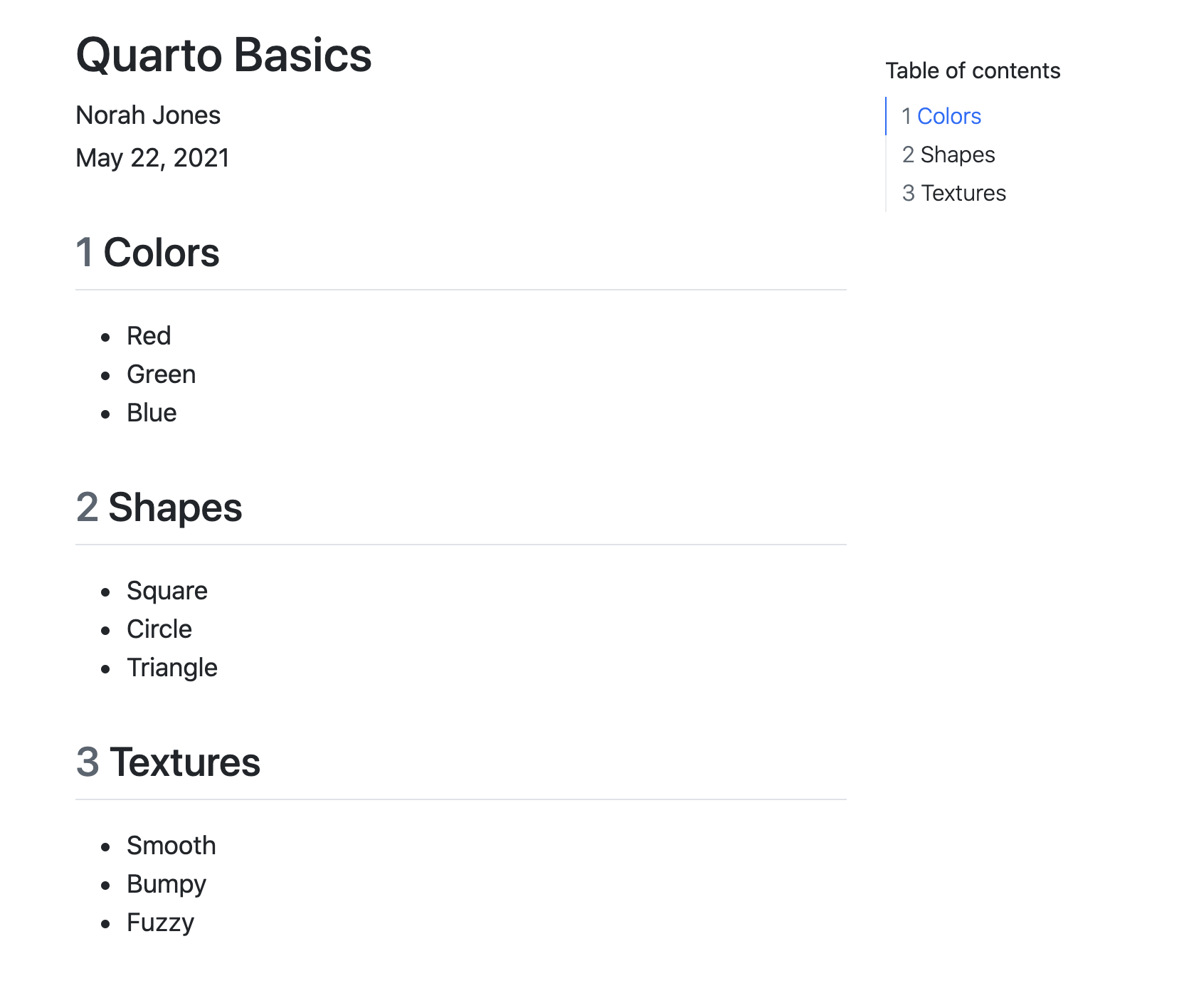 Document with title Quarto Basics, author, and date. Table of contents is on the left-hand side with numbered items for each of the three sections: 1. Colors, 2. Shapes, 3. Textures. Each section is shown in the document with the corresponding list.