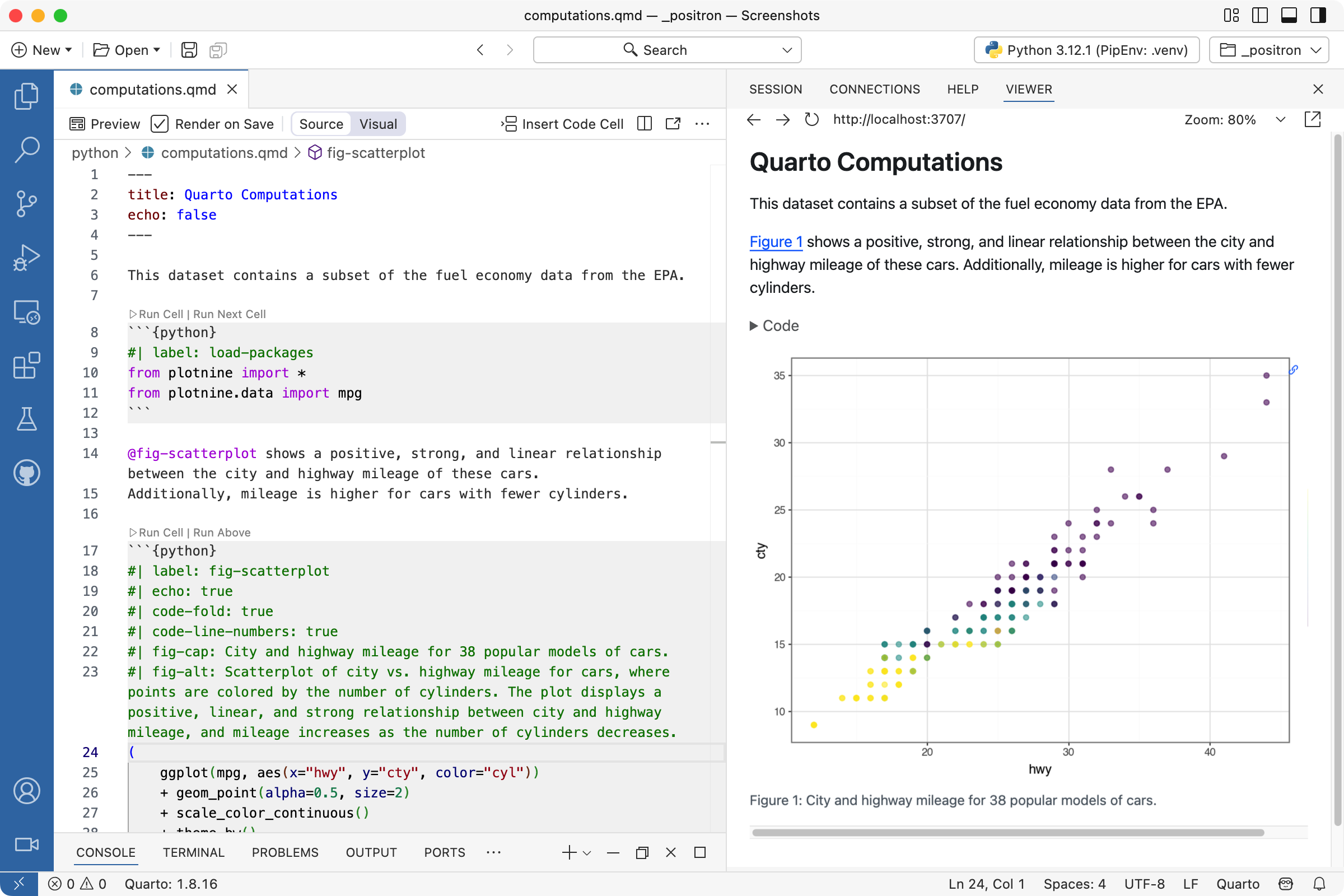 Positron with computations.qmd open. On the left is the Editor. Compared to earlier images on the page, the code cell shows the added fig-cap and fig-alt options. On the right is the rendered version of the document. Below the figure is a caption.