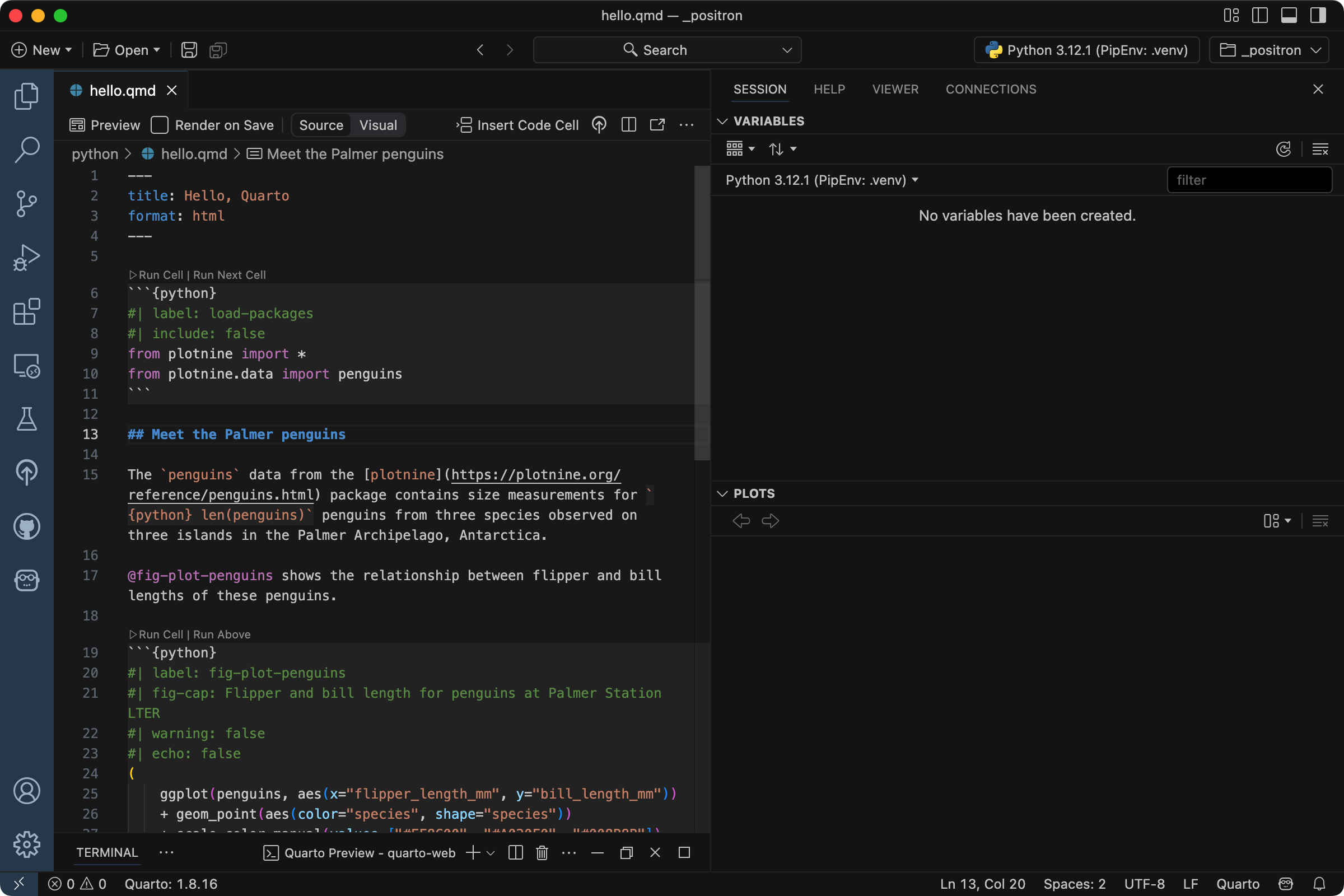 Positron with a file called hello.qmd open in the Editor.