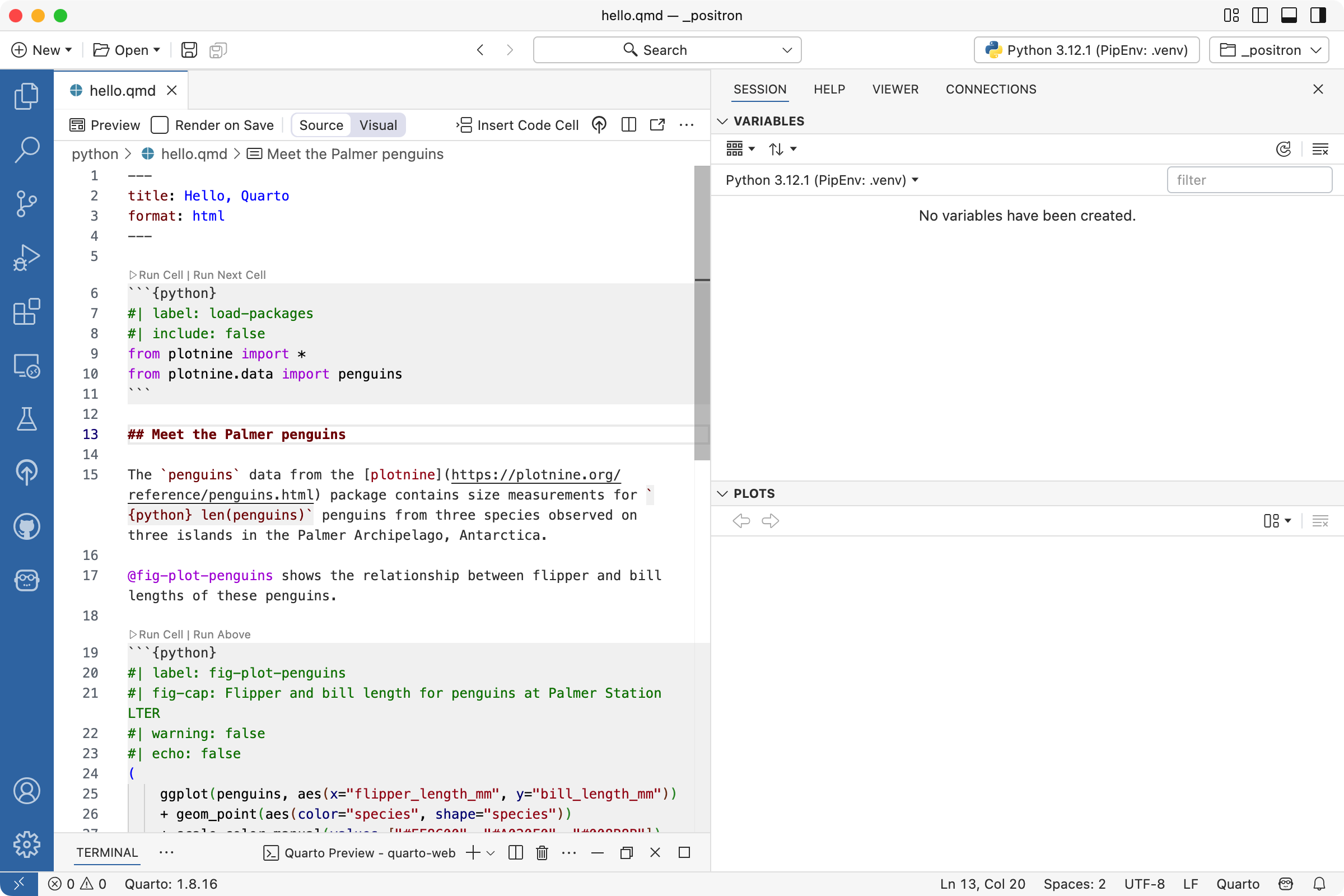 Positron with a file called hello.qmd open in the Editor.
