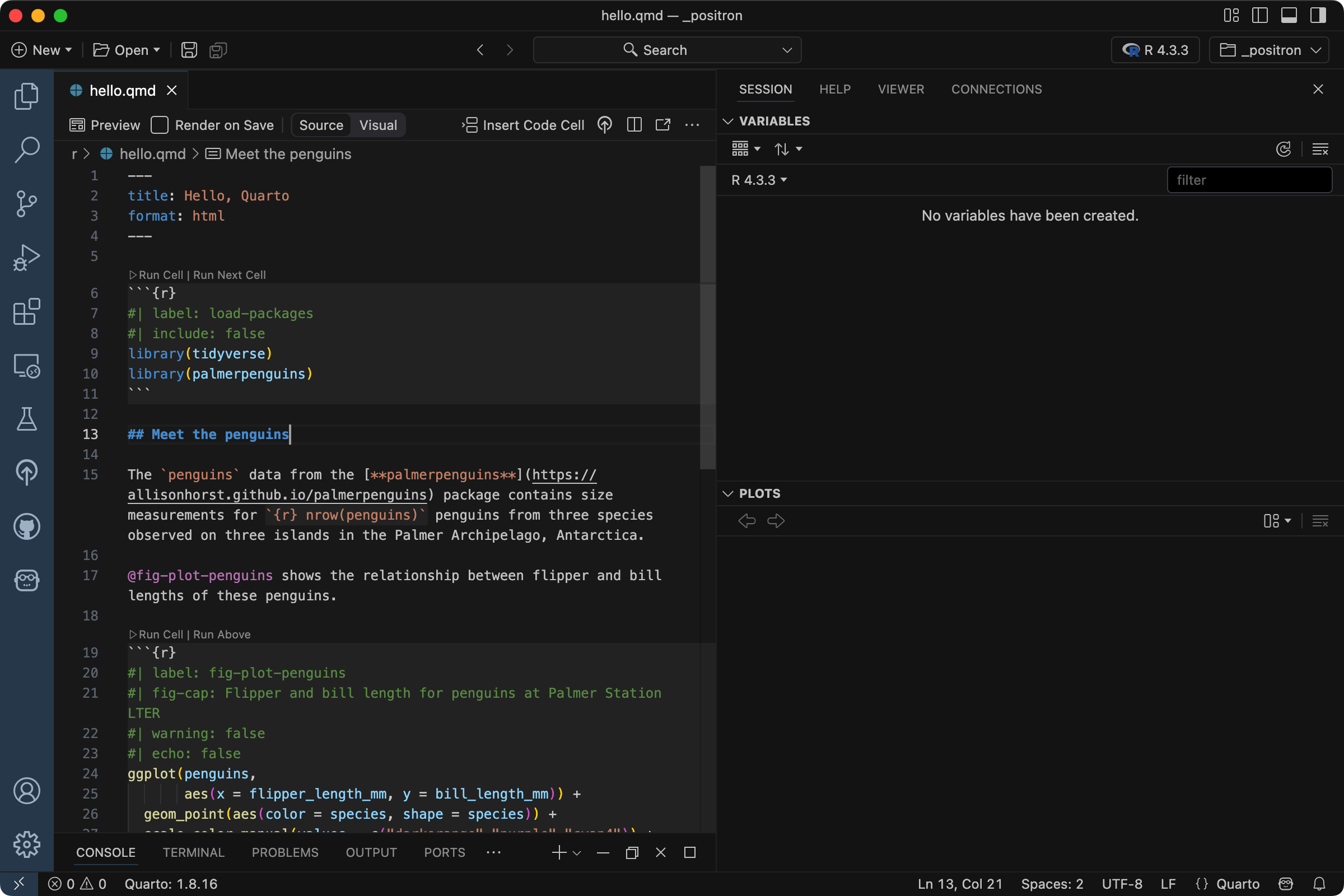 Positron with a file called hello.qmd open in the Editor.