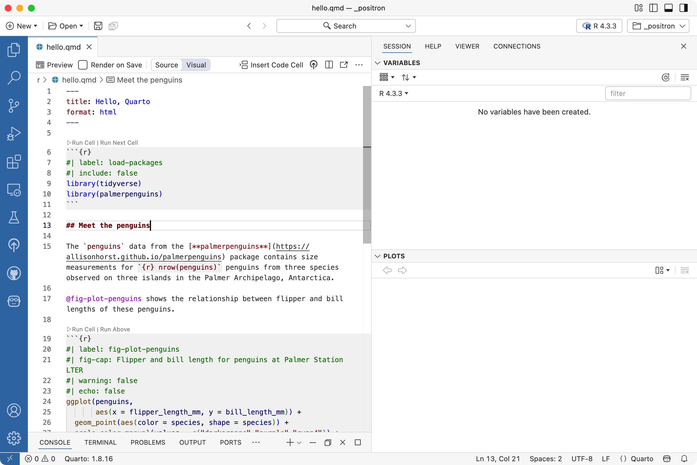 Positron with a file called hello.qmd open in the Editor.