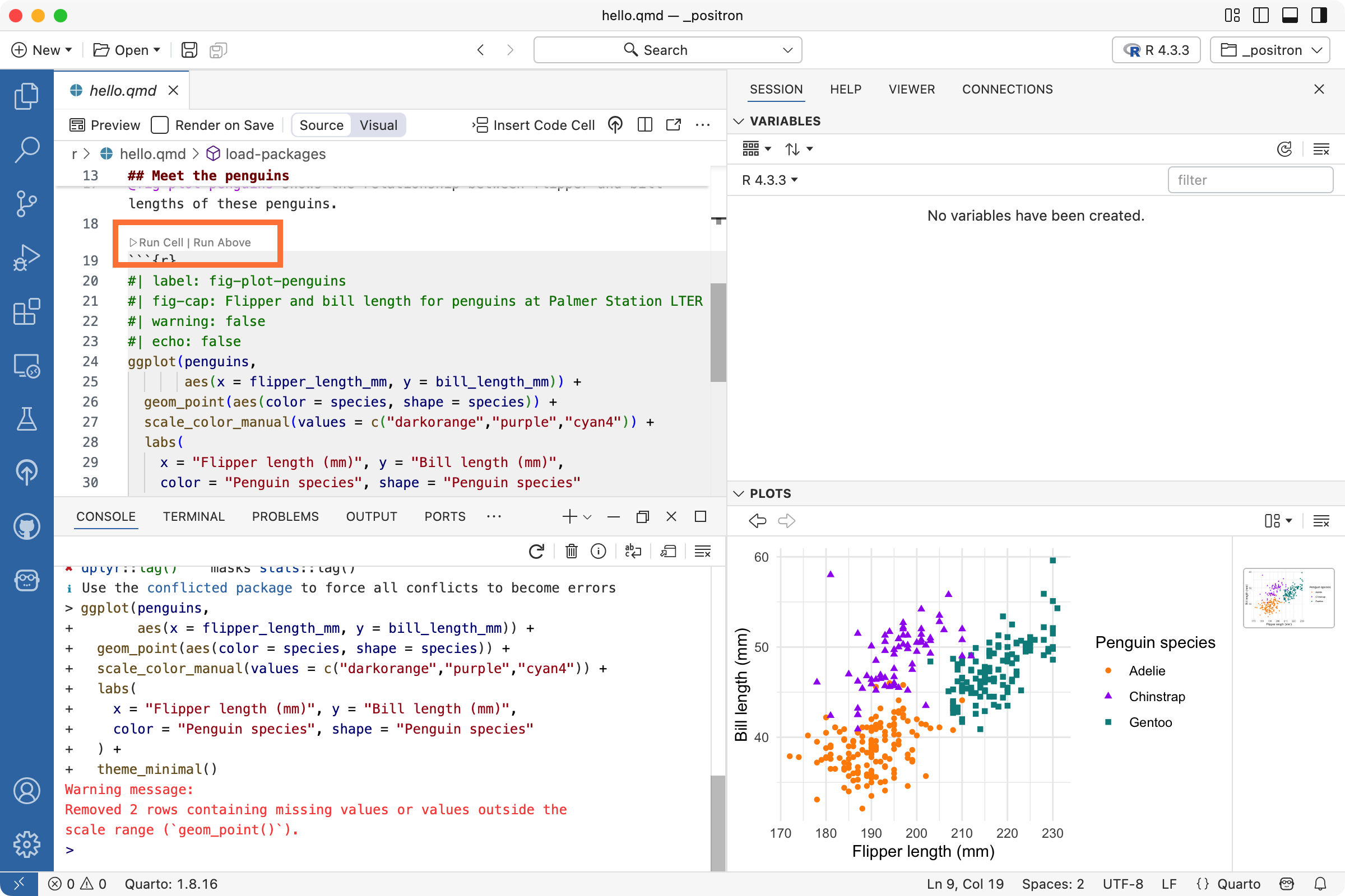 A Positron session with hello.qmd open in the Editor. An orange box highlights the button 'Run Cell' above a code cell with the label plot-penguins. The Console shows an executed line of code ending in theme_minimal() and the Plots pane shows a scatterplot of penguin flipper and bill length.