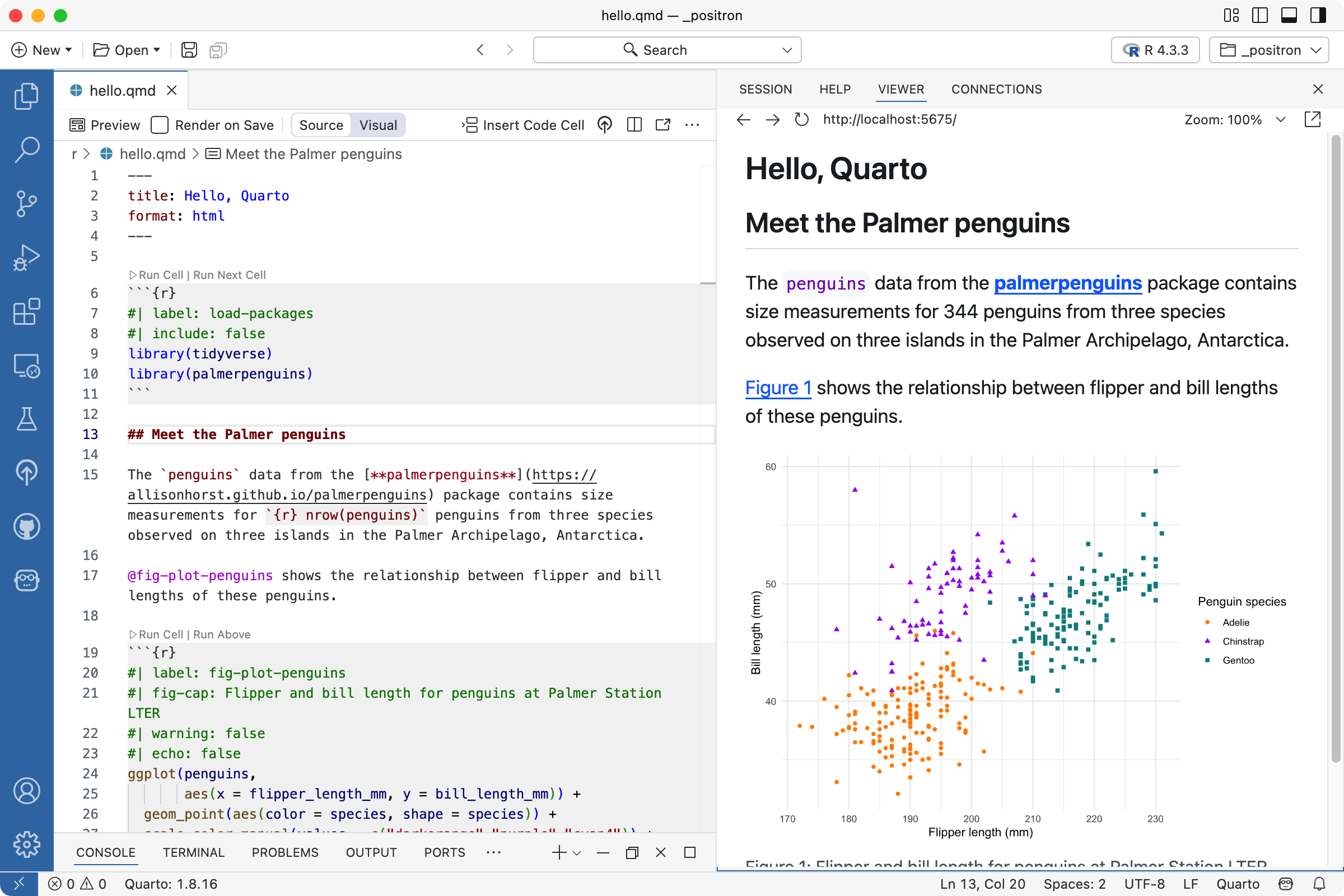 Positron with hello.qmd open in the Editor, and a preview open in the Viewer. The Editor shows a markdown section updated to 'Meet the Palmer penguins', the Viewer shows the same updated section title.