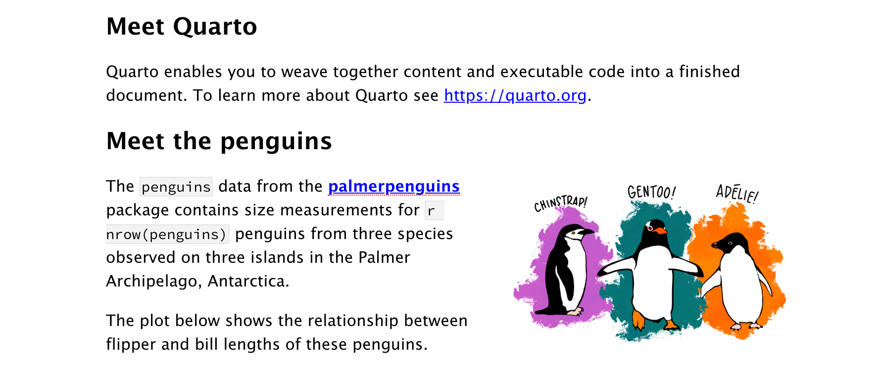 Text portion of the linked example document titled "Penguins, meet Quarto!", with an annotation that reads "Text".