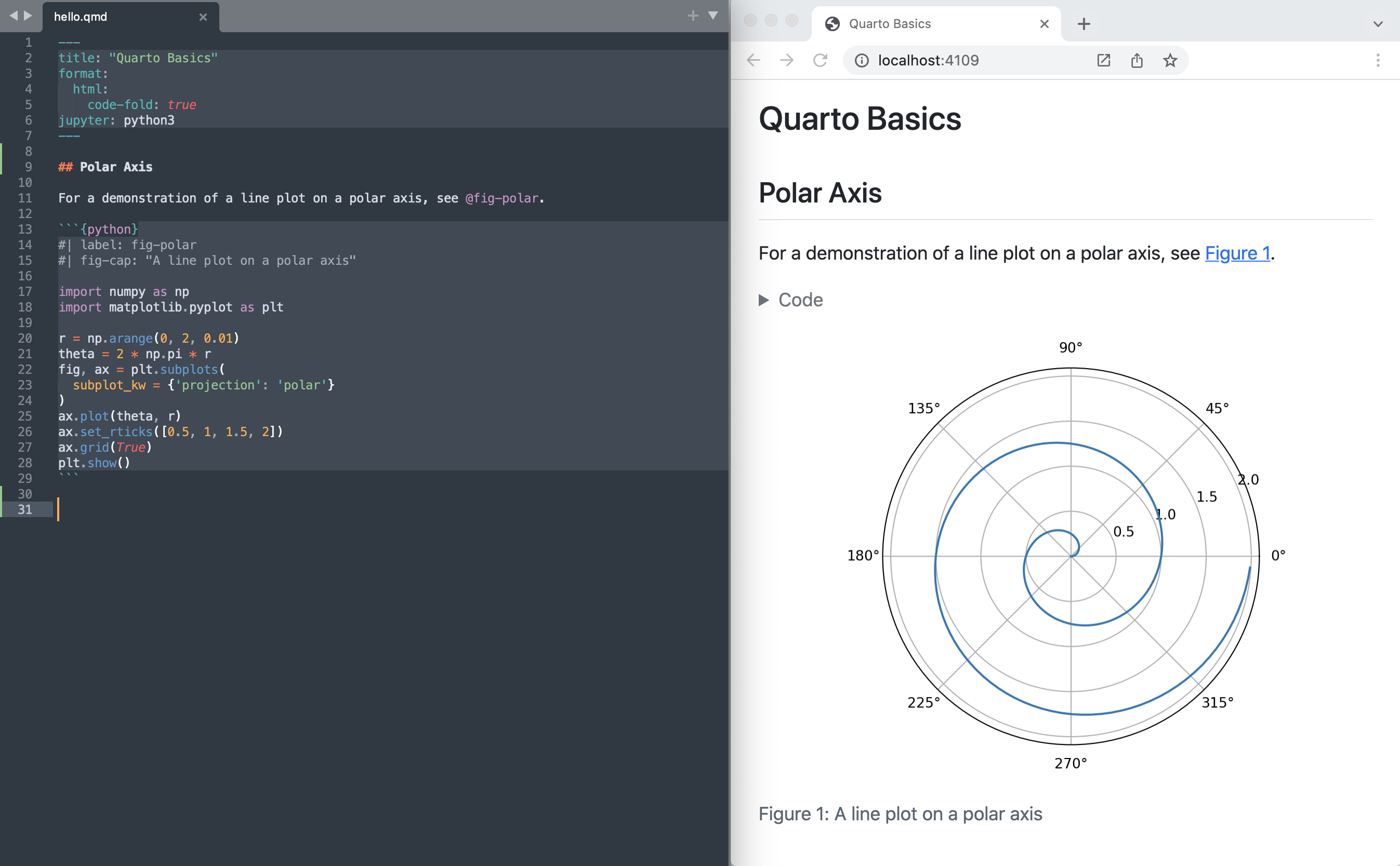 On the left: A text editor with a document titled Quarto Basics open, containing some text and a code cell. On the right: Rendered version of the same document, including the code cell's output, a line plot on a polar axis.