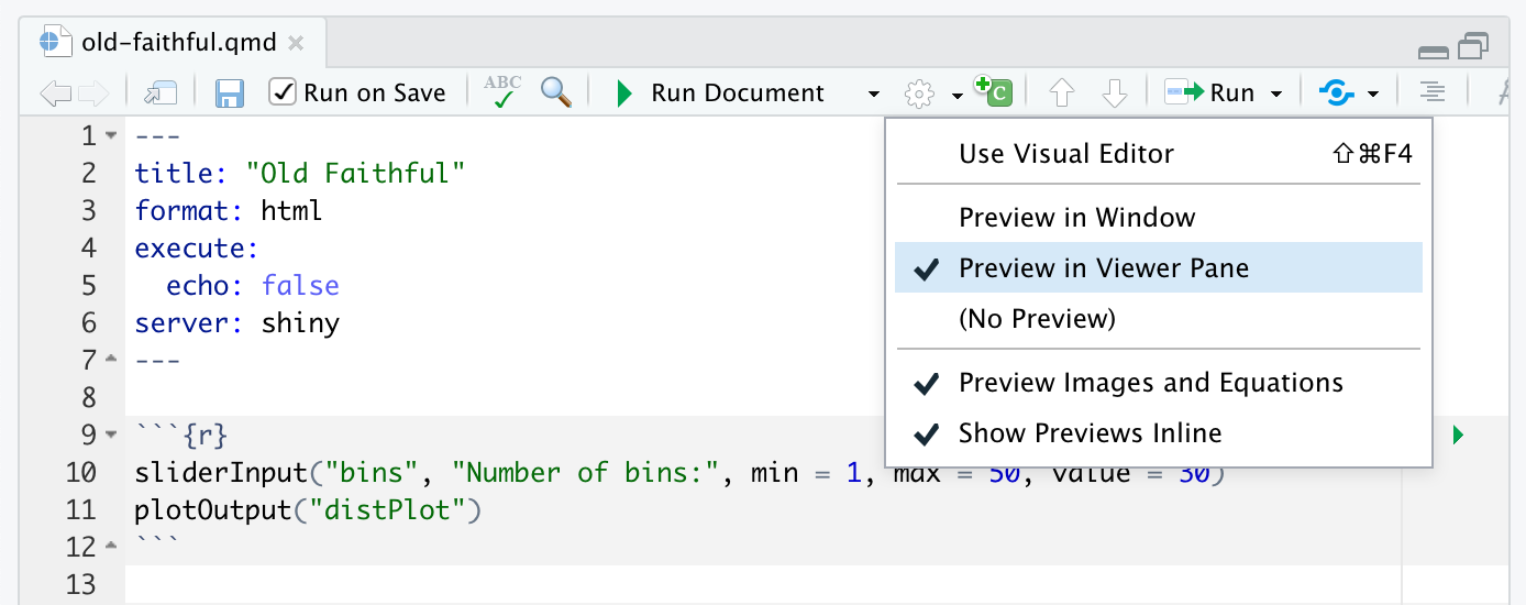 RStudio editor toolbar with Run on Save checked. The settings menu is open and Preview in Viewer Pane is selected.