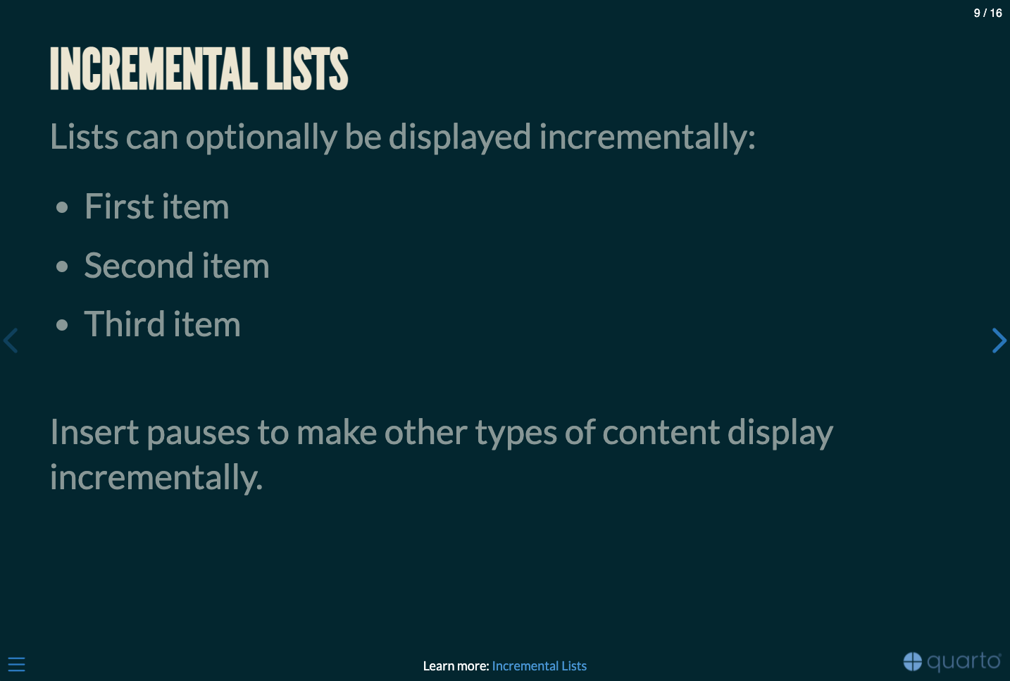Slide titled 'Incremental Lists' rendered in the Moon theme: cream text on a dark teal background.