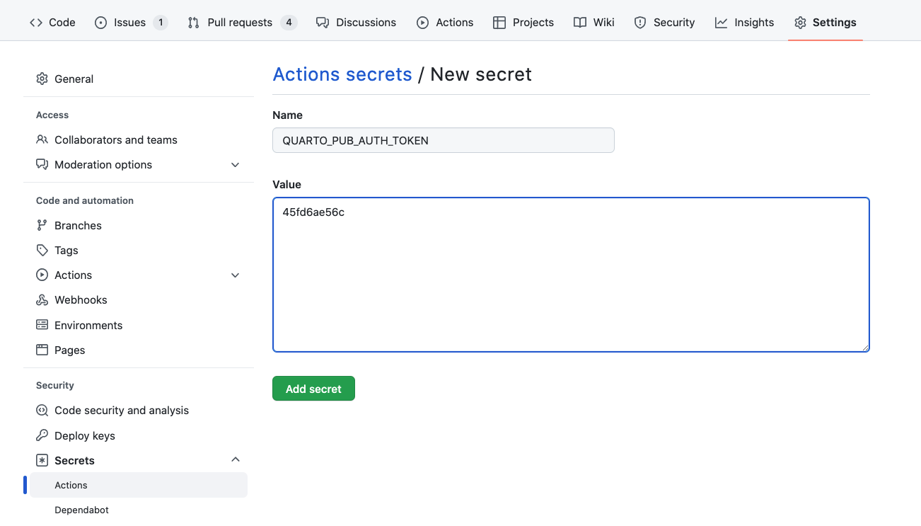 GitHub New secret form with the Name field set to QUARTO_PUB_AUTH_TOKEN and the personal access token pasted into the Value field.