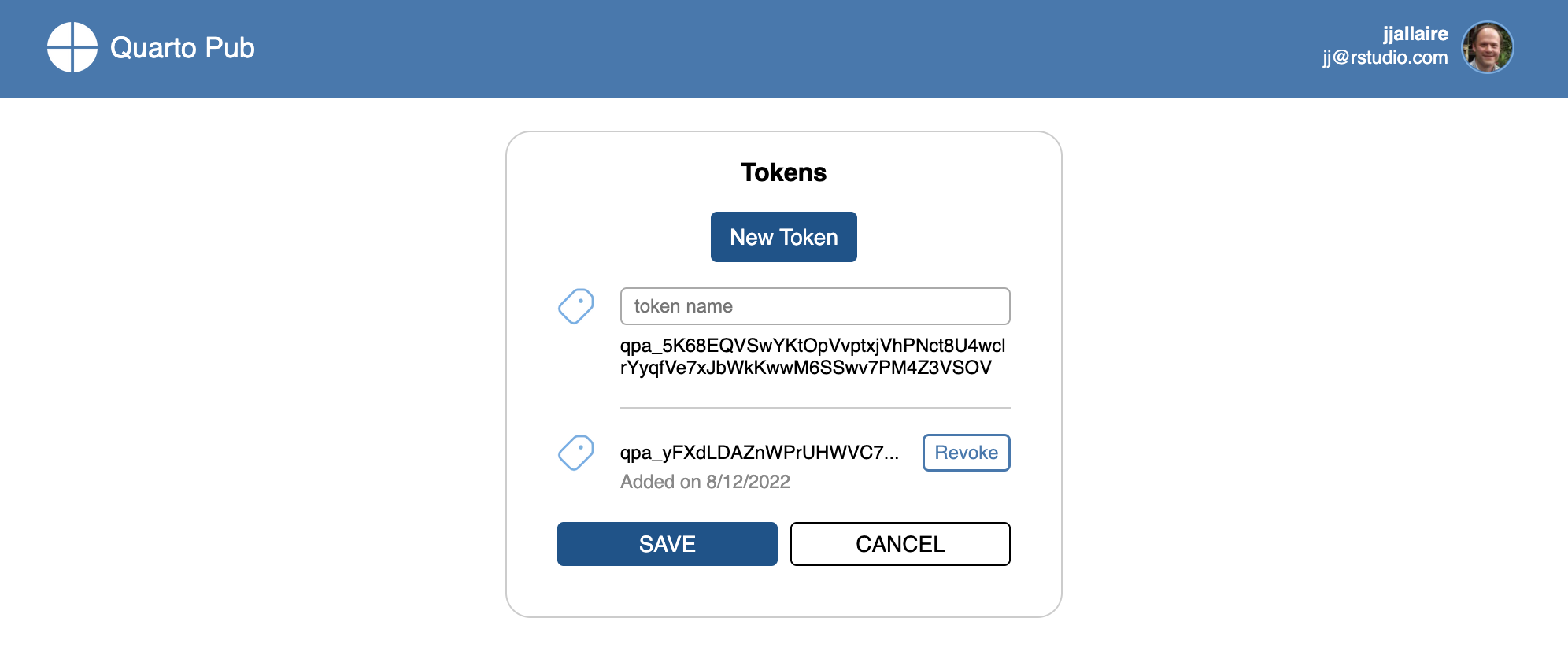 Tokens panel with a new token name field and its generated token value shown above the existing token, with Save and Cancel buttons.