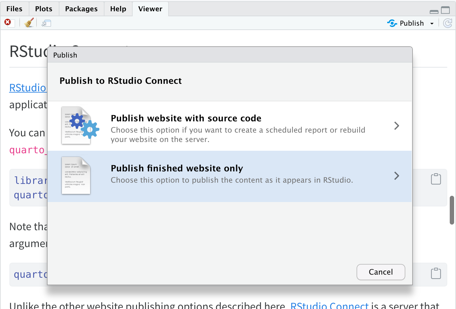 Publish to RStudio Connect dialog with two options, Publish website with source code and Publish finished website only, the second of which is selected.