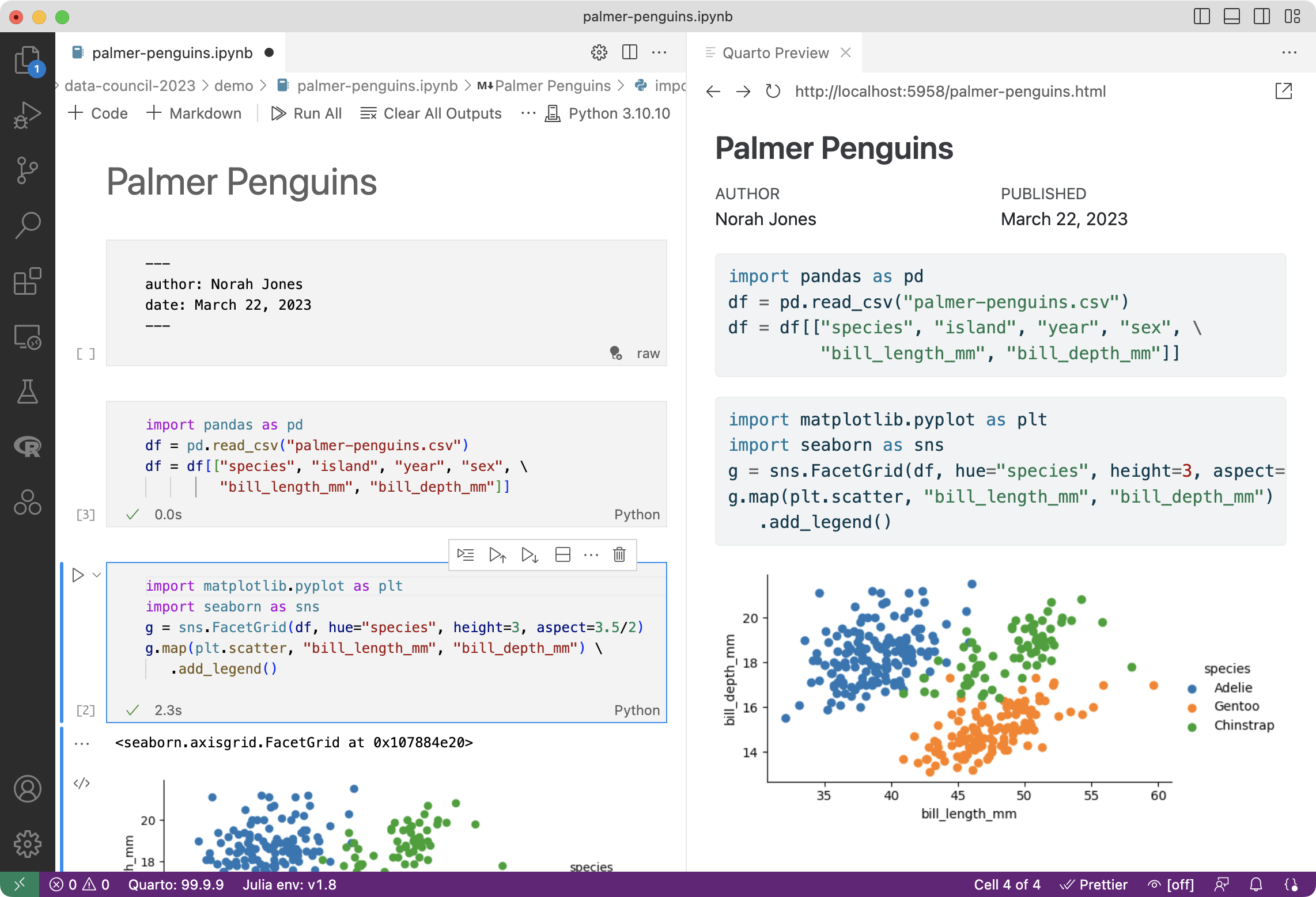 A Palmer Penguins notebook open in VS Code, with a rendered Quarto Preview panel showing the title, author, and a scatterplot of bill depth against bill length.
