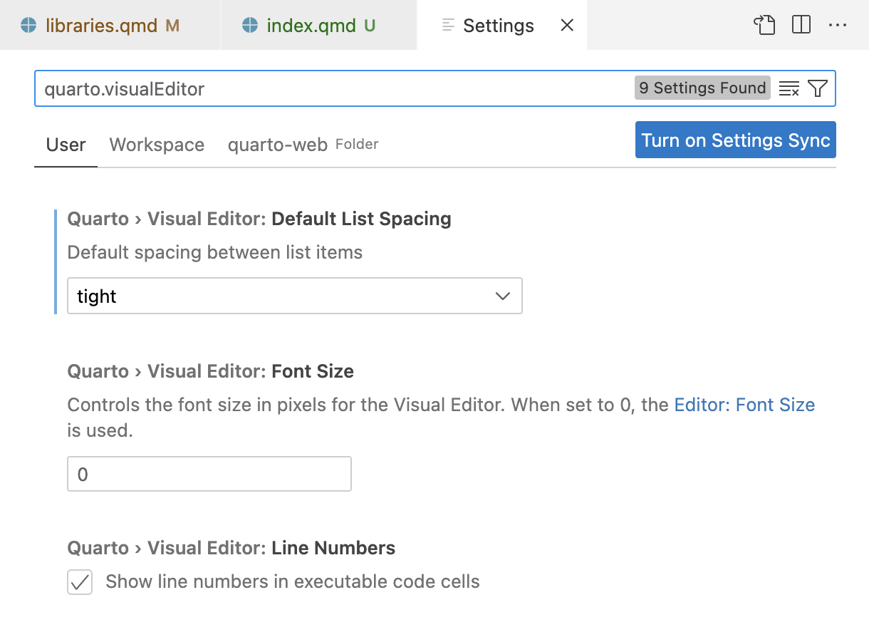 The settings pane filtered on 'quarto.visualEditor', showing options including Default List Spacing, Font Size, and Line Numbers, each with its current value.
