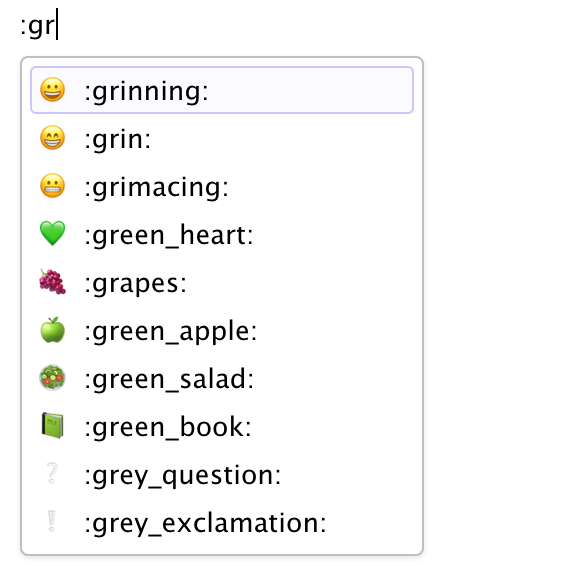 An autocomplete menu triggered by typing ':gr', listing matching emoji shortcodes such as ':grinning:' and ':grin:', each with its icon.