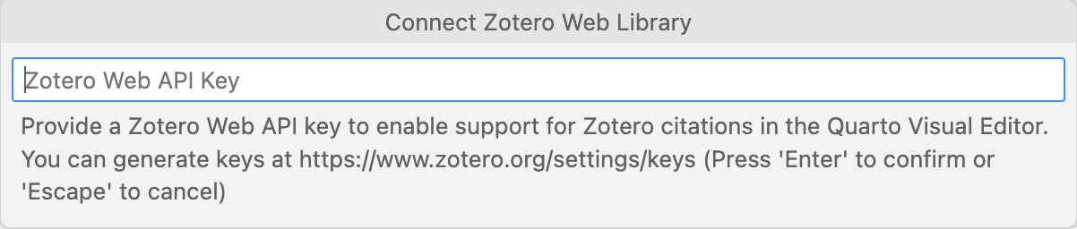 The 'Connect Zotero Web Library' dialog, prompting for a Zotero Web API key.
