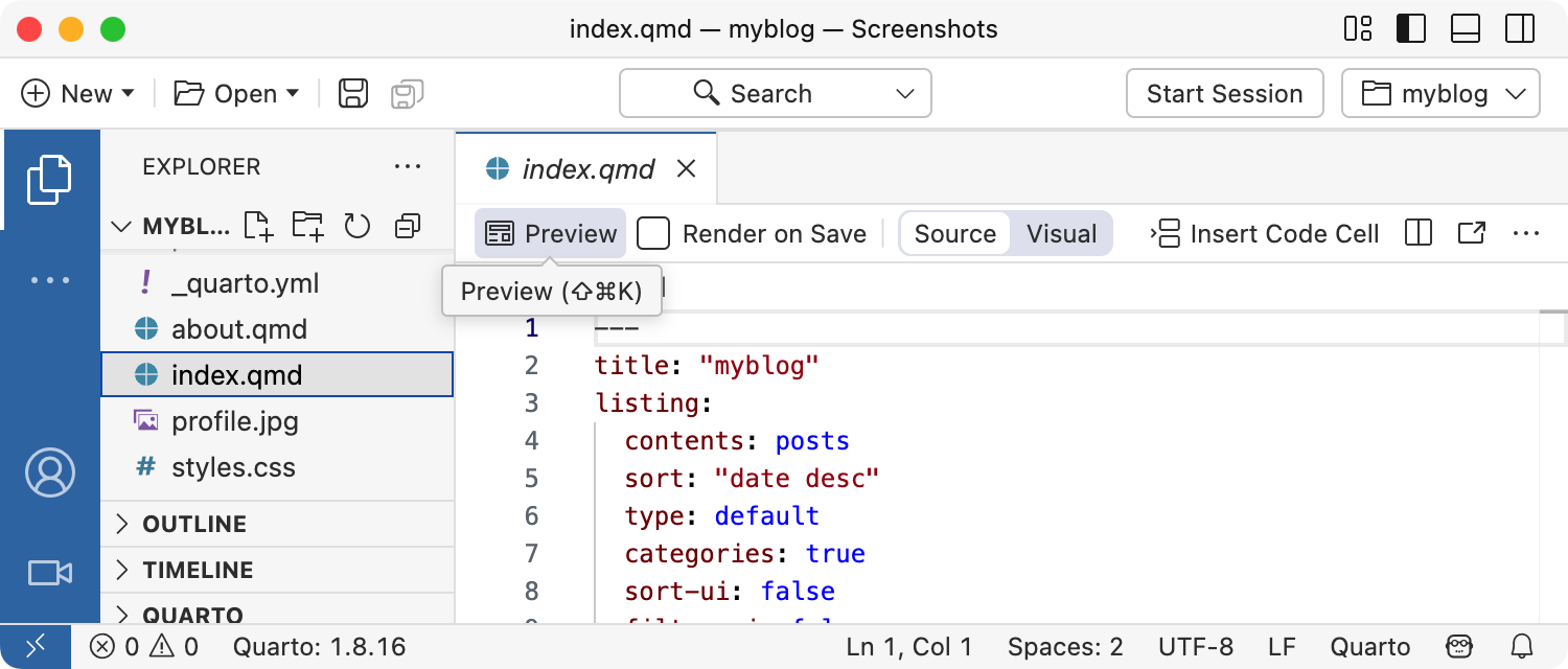 The new blog project open in Positron, with index.qmd in the editor and the Preview button in the editor toolbar highlighted.