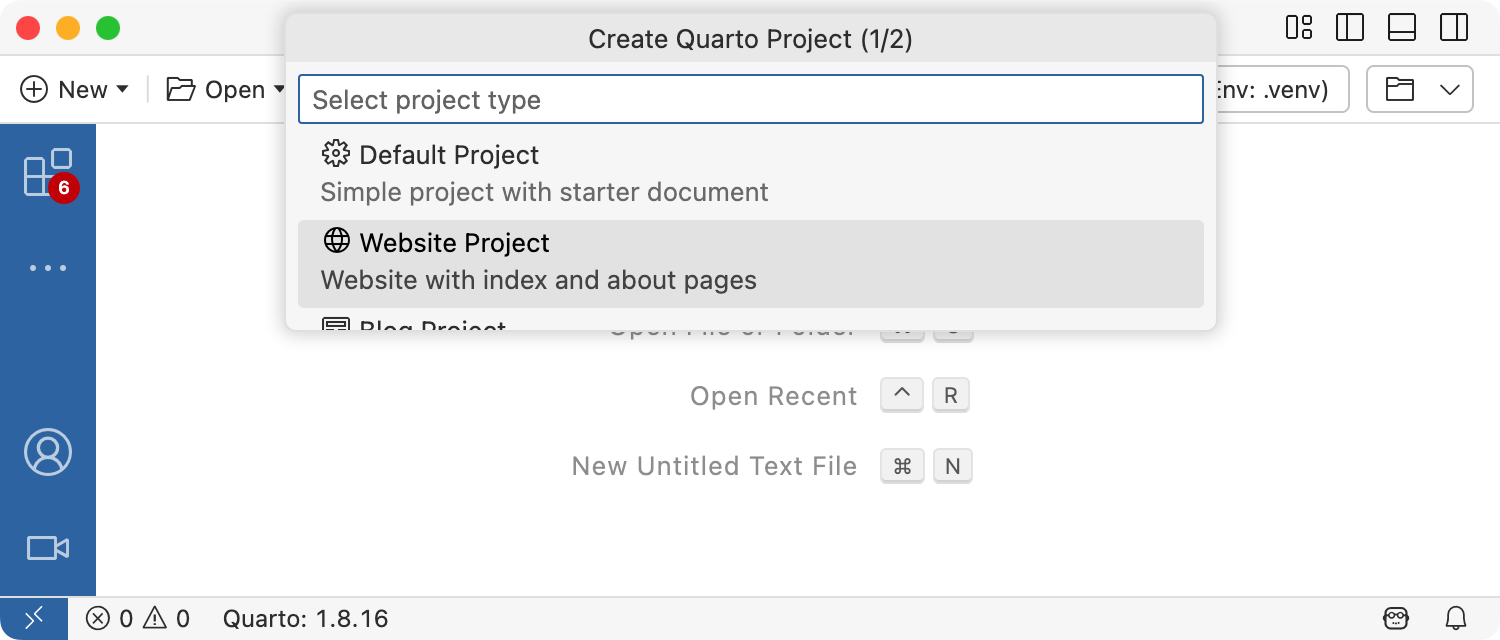 Create Quarto Project prompt in Positron, with Website Project selected in the project type list.