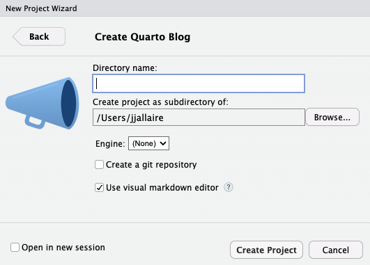RStudio Create Quarto Blog dialog with an empty Directory name field, a subdirectory path, an Engine menu, and options to create a git repository and use the visual markdown editor.