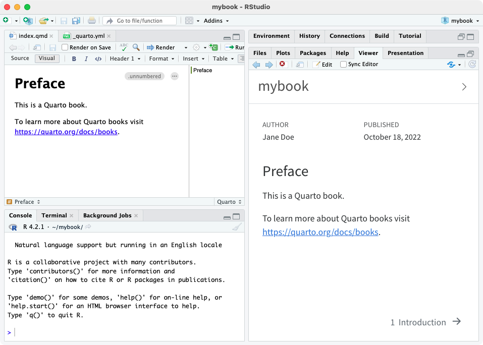 RStudio with index.qmd open in the visual editor on the left. The rendered book preview shows in the Viewer pane on the right, with the title mybook, then the Preface chapter.