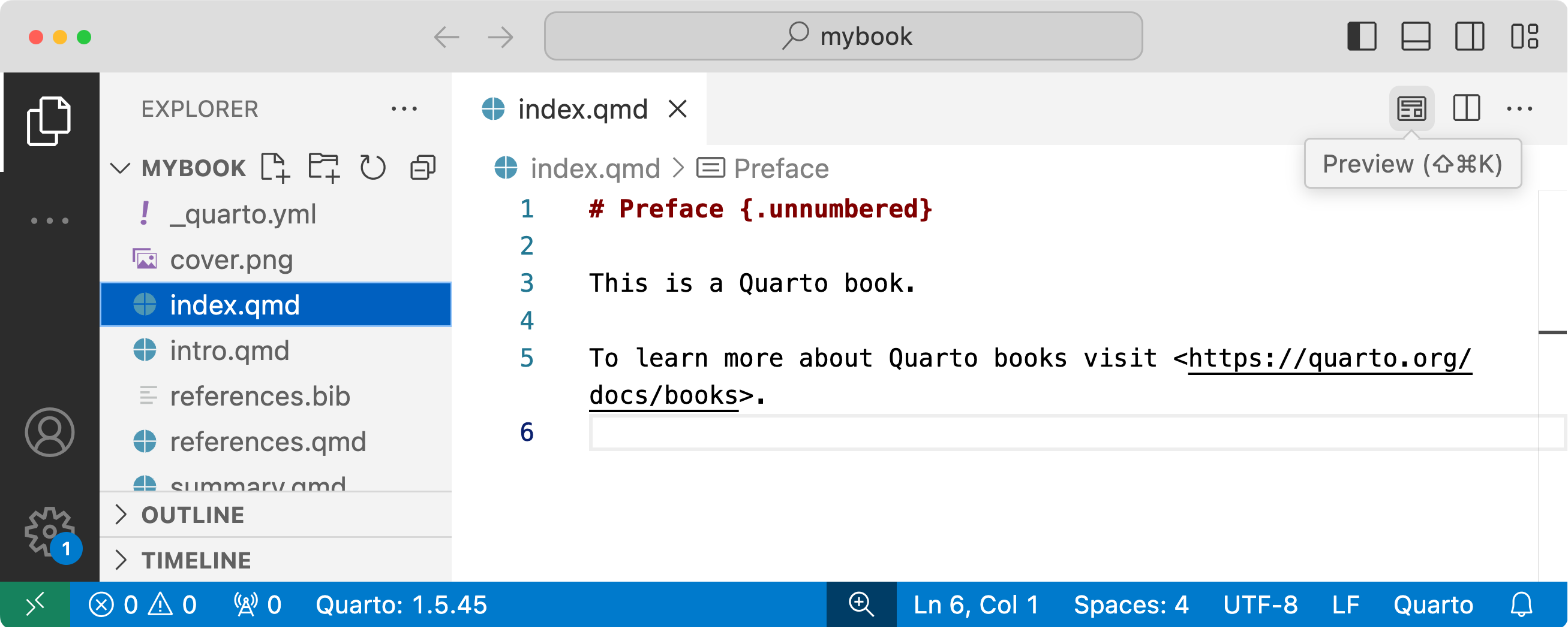 The new book project open in VS Code, with index.qmd open in the editor. The pointer is on the Preview button in the editor toolbar.